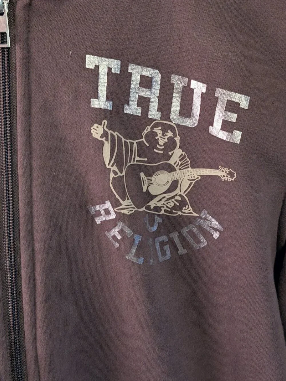 True Religion Men Brown Full Zip Hoodie Graphic Buddha Guitar Size M Oversize